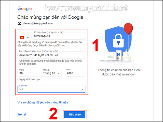 Nhập số điện thoại và email để bảo vệ tài khoản Gmail của bạn