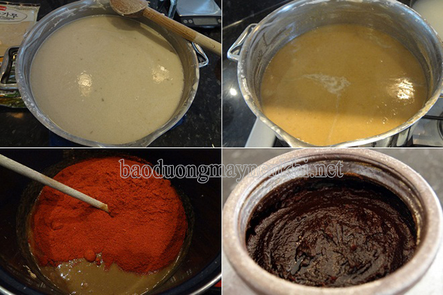 Khuấy hỗn hợp bột ớt để làm tương ớt Hàn Quốc.
